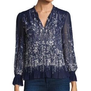 Joie Rita Riviera Navy Blue Floral Pleated Chiffon Women S Peasant Blouse Top